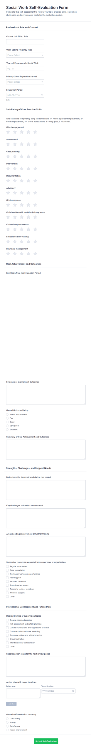 Self Evaluation For Social Work Practice Form Template