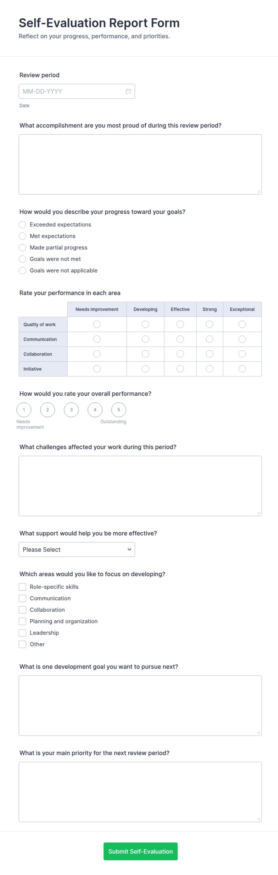 Self-Evaluation Report Form Template | Jotform