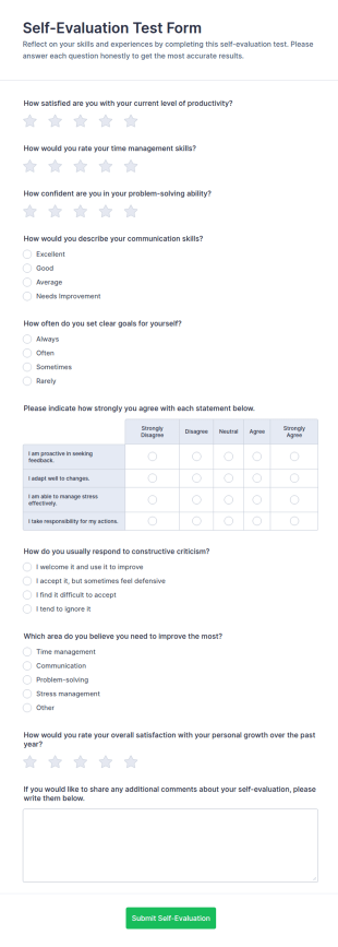 Self Evaluation Test Form Template