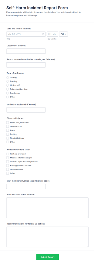 Self Harm Incident Report Form Template