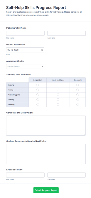 Self Help Skills Progress Report Form Template