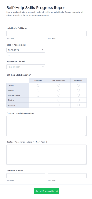 Self Help Skills Progress Report Form Template
