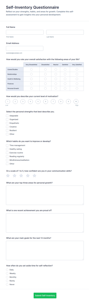 Self Inventory Questionnaire Form Template
