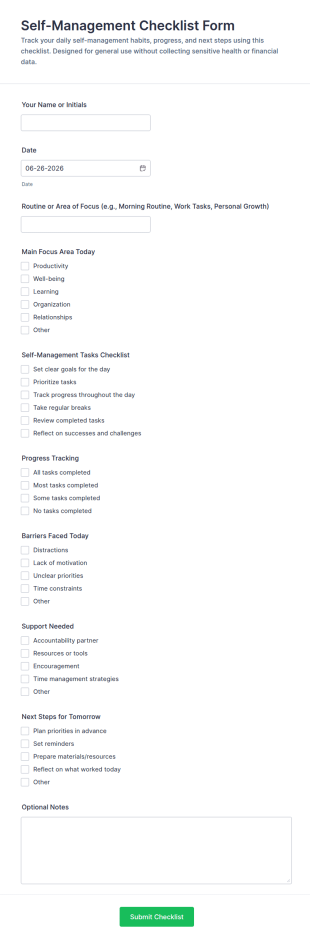 Self Management Checklist Form Template