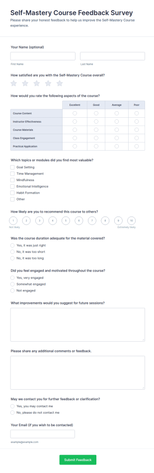 Self Mastery Course Feedback Survey Form Template