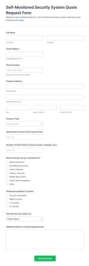 Self Monitored Security System Quote Request Form Template