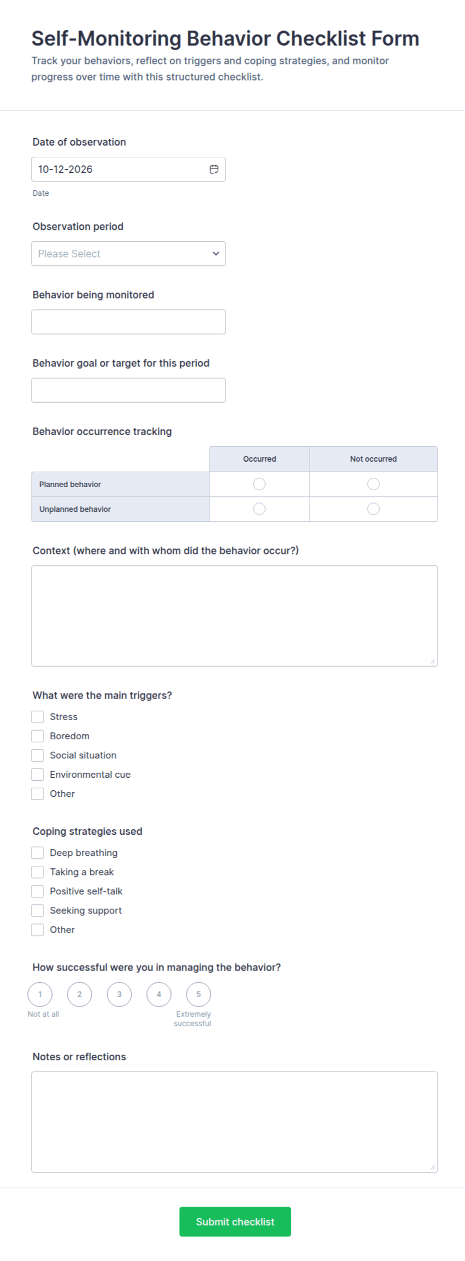 Contract Form Template.pdf Self-Monitoring Behavior Checklist Form Template | Jotform