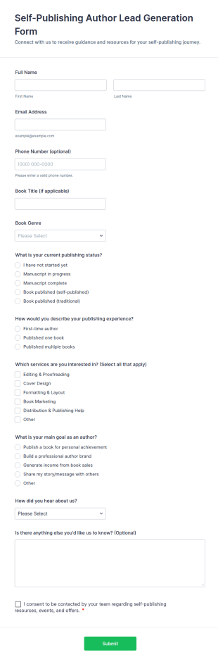 Self Publishing Author Lead Generation Form Template