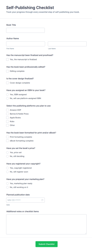 Self Publishing Checklist Form Template