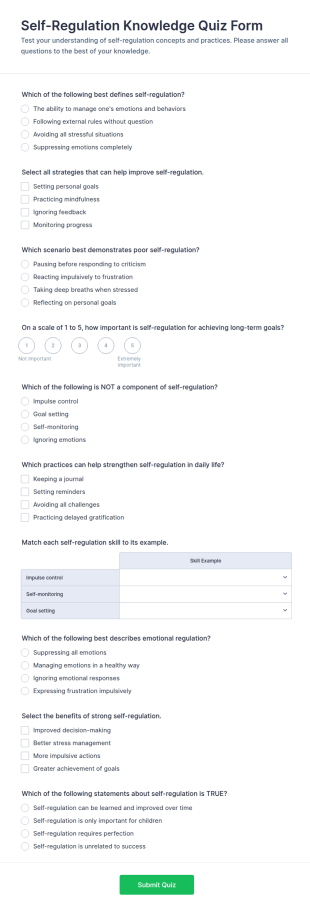 Self Regulation Knowledge Quiz Form Template
