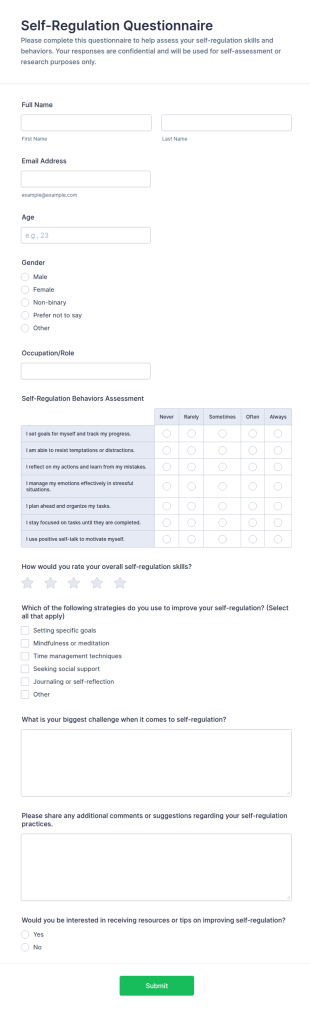 Self Regulation Questionnaire Form Template