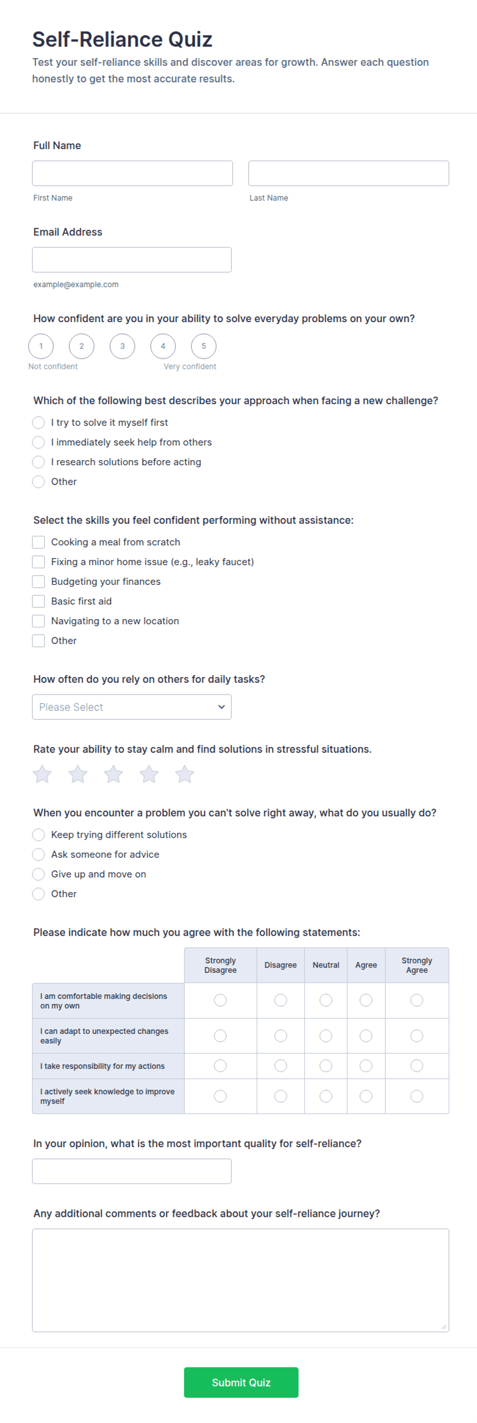 Self-Reliance Quiz Form Template | Jotform