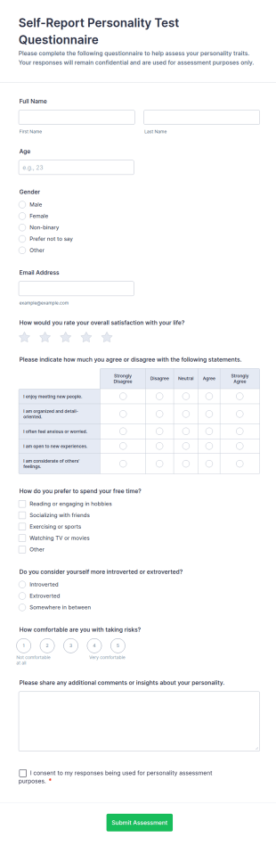 Self Report Personality Test Questionnaire Form Template