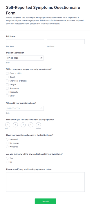 Self Reported Symptoms Questionnaire Form Template
