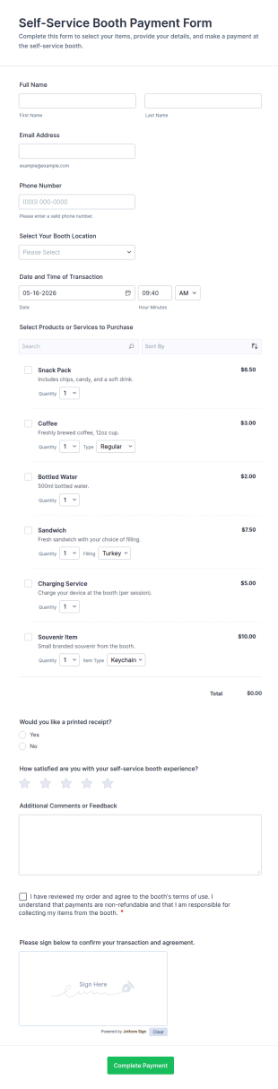 Self Service Booth Payment Form Template