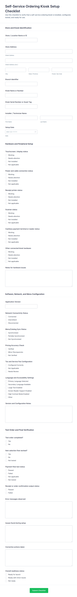 Self Service Ordering Kiosk Setup Checklist Form Template