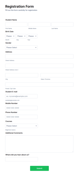 Self Sewing Course Registration Form Template