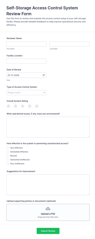 Self Storage Access Control System Review Form Template