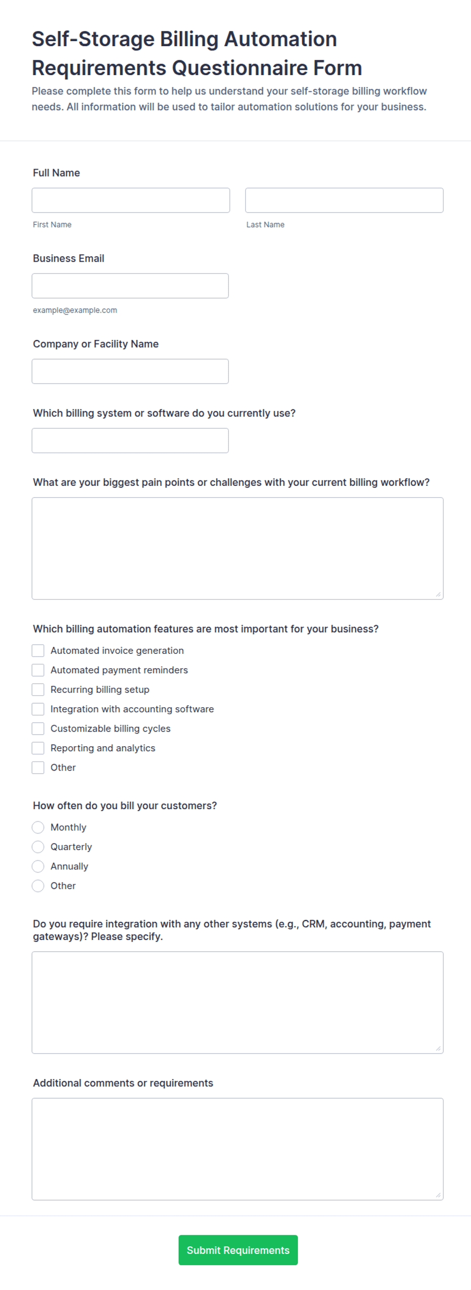 Self-Storage Billing Automation Requirements Questionnaire Form ...