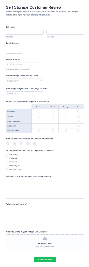 Self Storage Customer Review Form Template