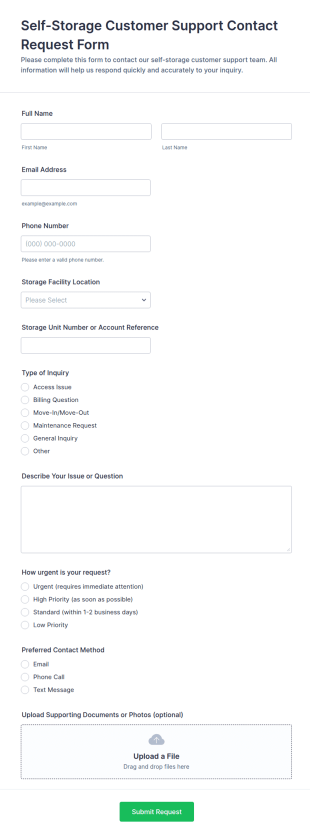 Self Storage Customer Support Contact Request Form Template