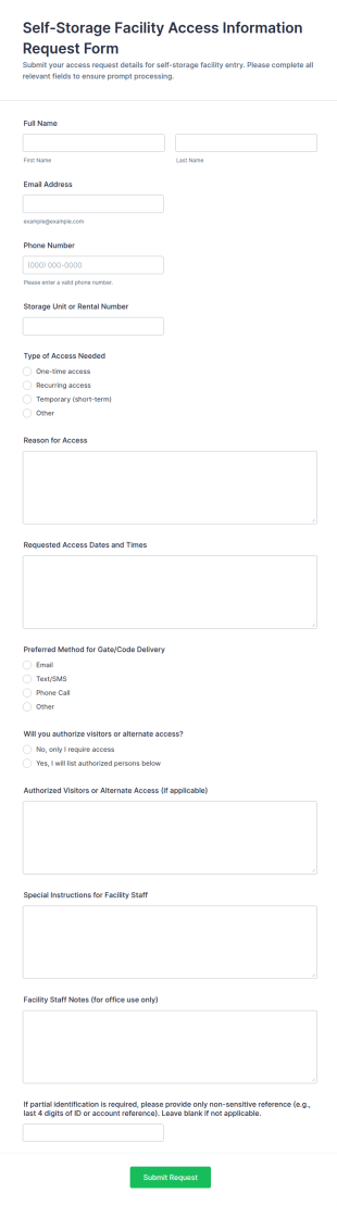 Self Storage Facility Access Information Request Form Template