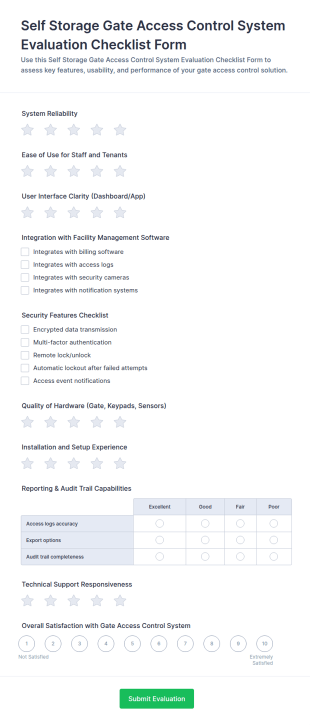 Self Storage Gate Access Control System Evaluation Checklist Form Template