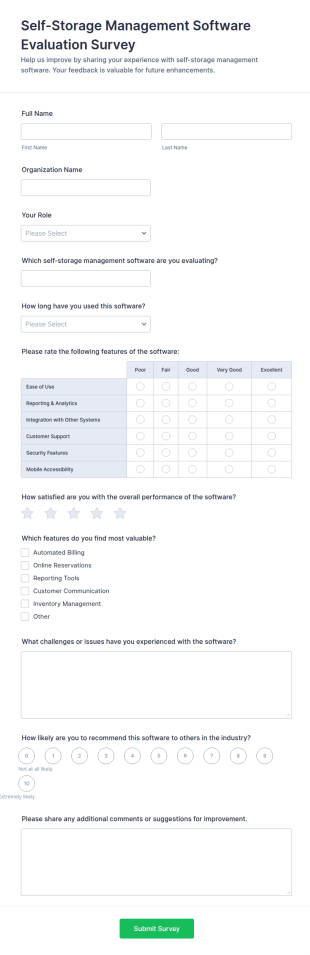 Self Storage Management Software Evaluation Survey Form Template