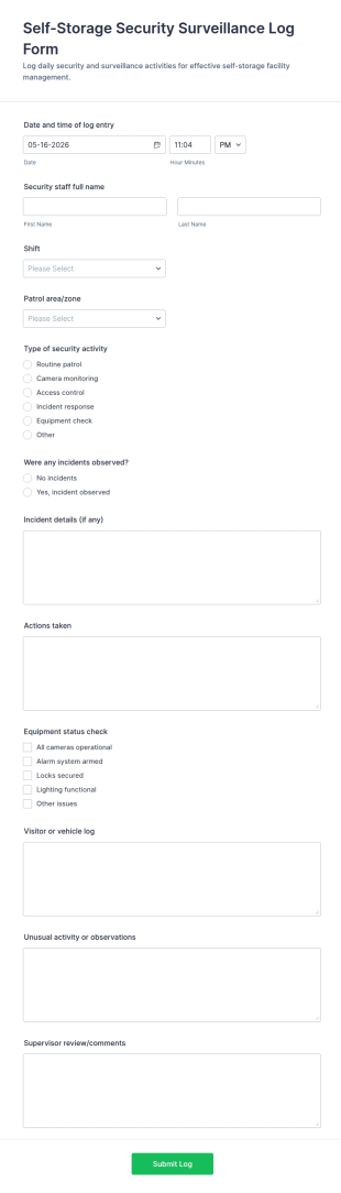 Self Storage Security Surveillance Log Form Template