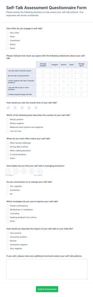 Self Talk Assessment Questionnaire Form Template