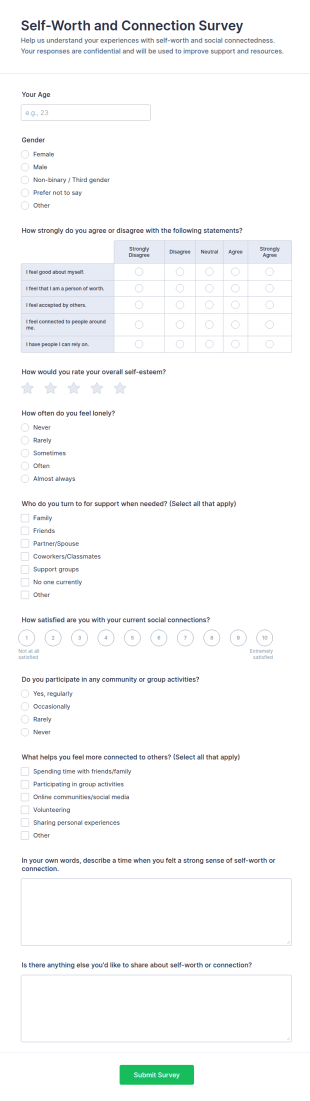 Self Worth And Connection Survey Form Template