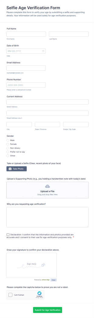 Selfie Age Verification Form Template