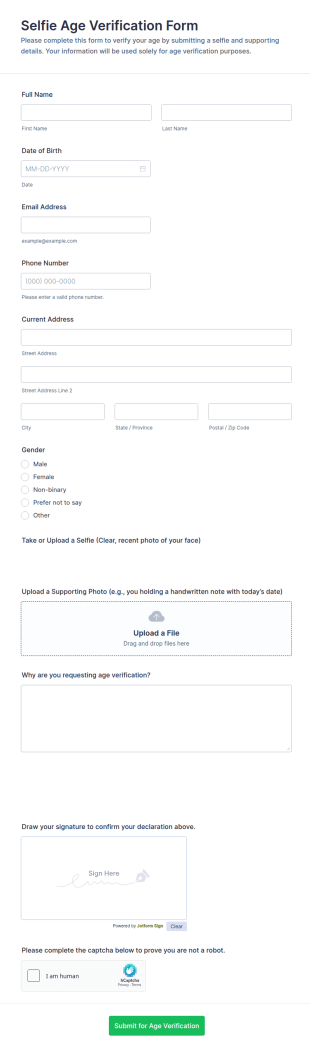 Selfie Age Verification Form Template