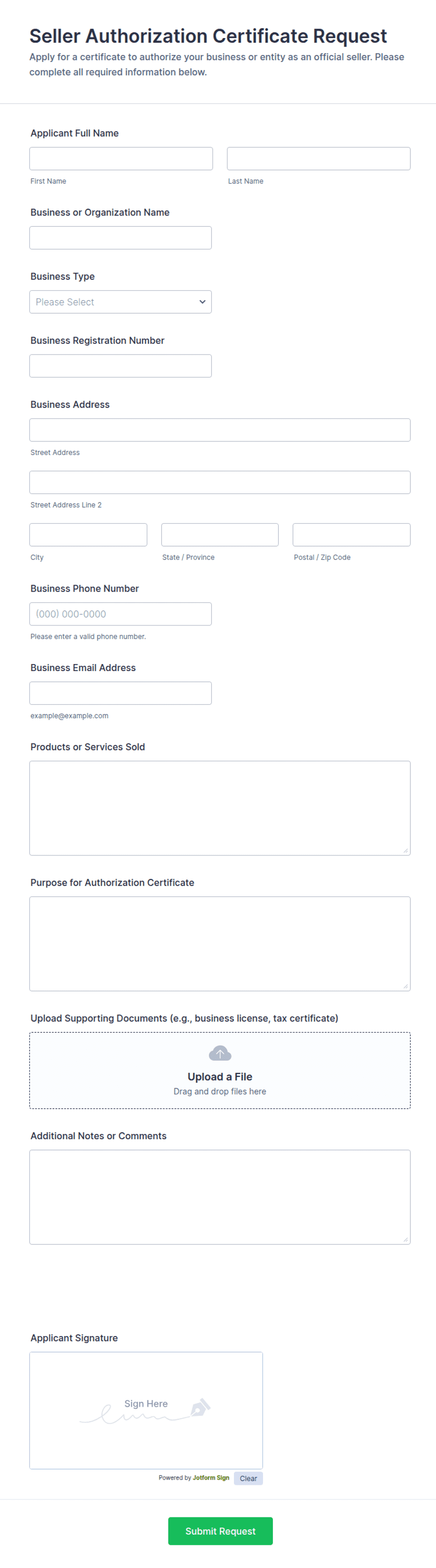 Seller Authorization Certificate Request Form Template | Jotform