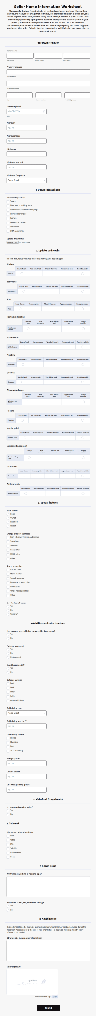 Seller Home Information Worksheet Form Template