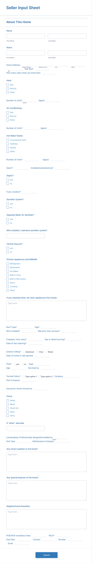 Seller Input Sheet Form Template