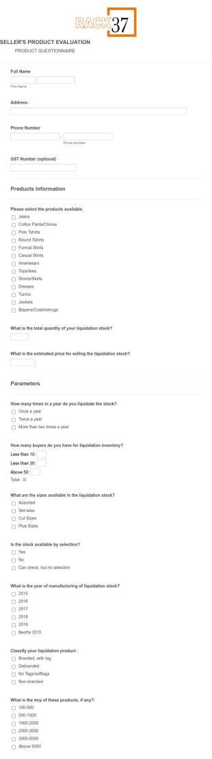 Seller's Product Evaluation Questionnaire Form Template