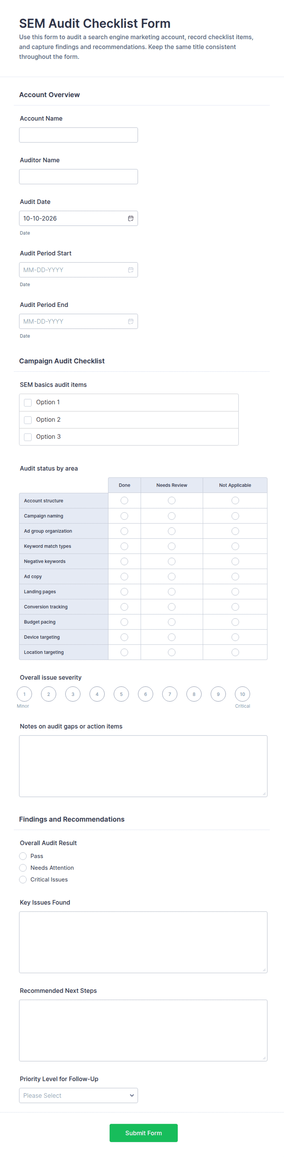 SEM Audit Checklist Form Template | Jotform