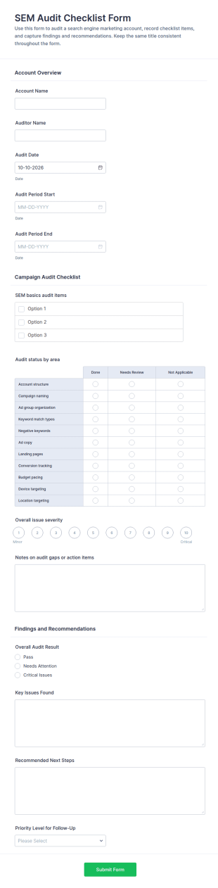 SEM Audit Checklist Form Template