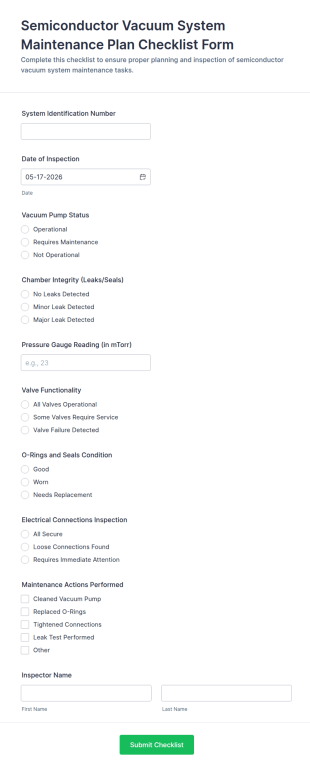 Semiconductor Vacuum System Maintenance Checklist Form Template