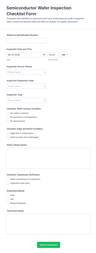 Semiconductor Wafer Inspection Checklist Form Template