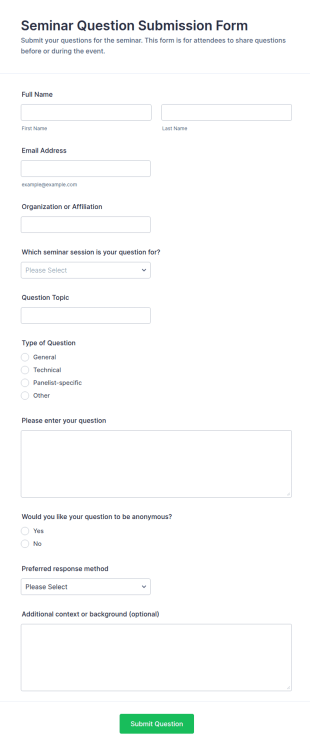 Seminar Question Submission Form Template