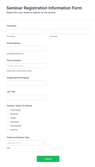 Seminar Registration Information Form Form Template
