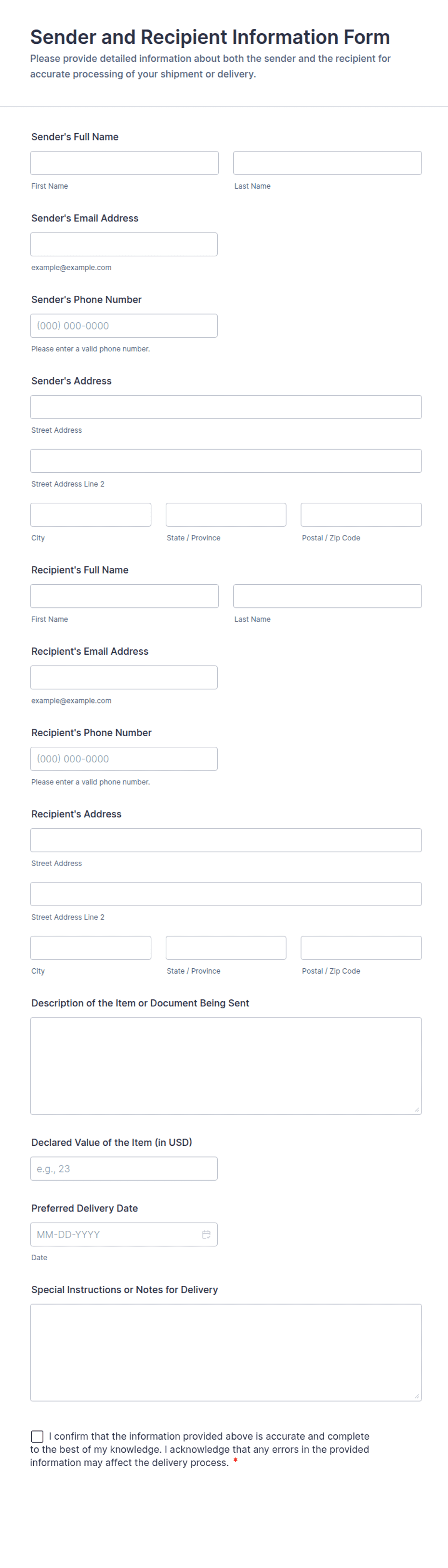 Sender and Recipient Information Form Template | Jotform