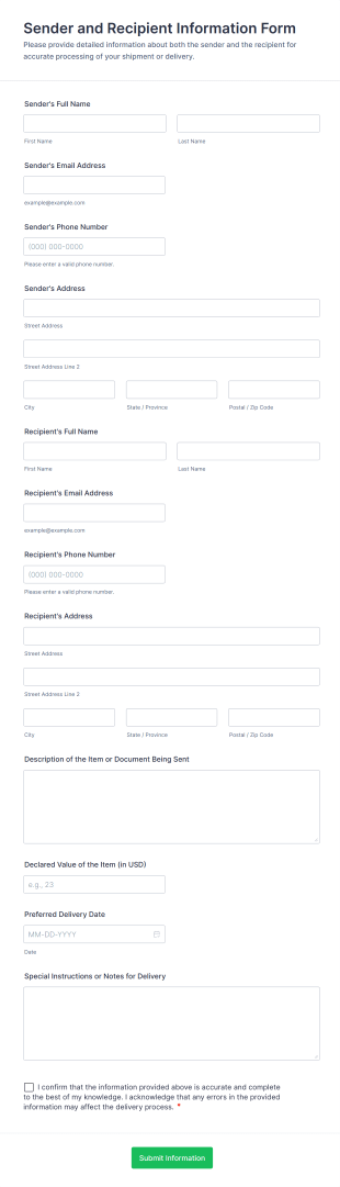 Sender And Recipient Information Form Template