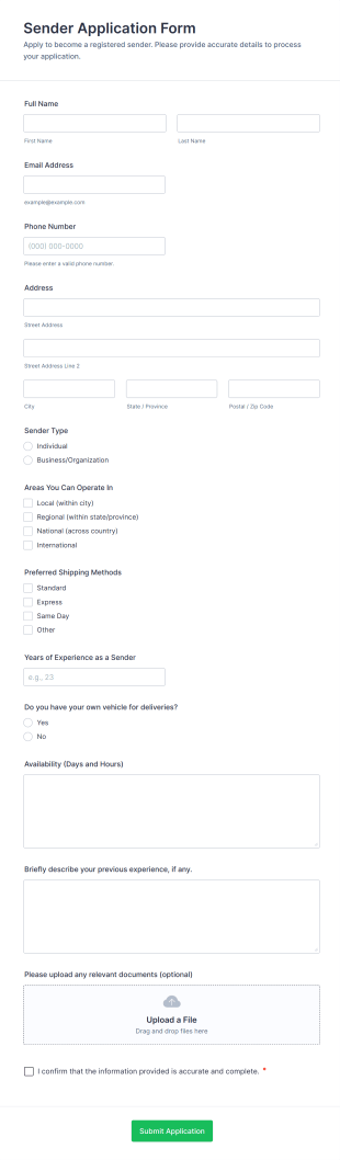 Sender Application Form Template