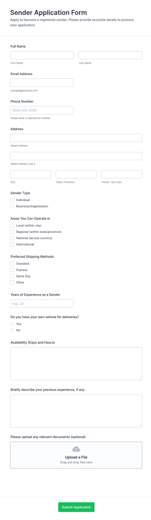 Sender Application Form Template