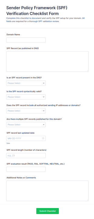 Sender Policy Framework (SPF) Verification Checklist Form Template