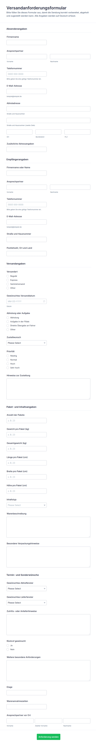 Sendungsanfrage Formular