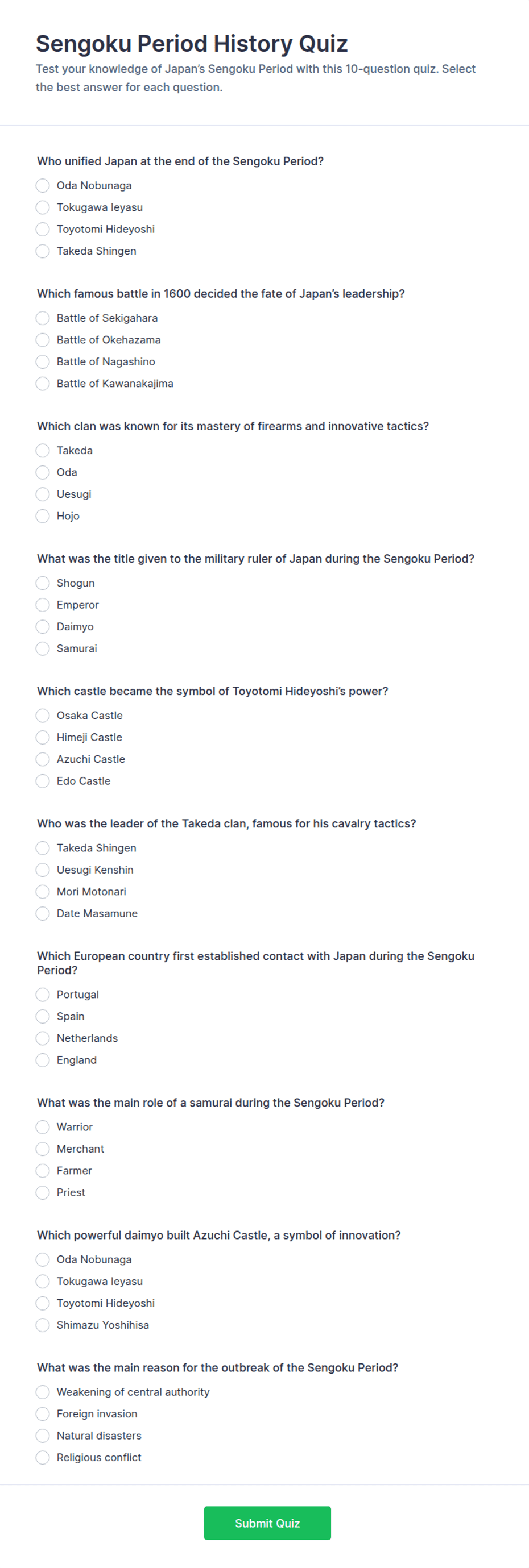 Sengoku Period History Quiz Form Template | Jotform